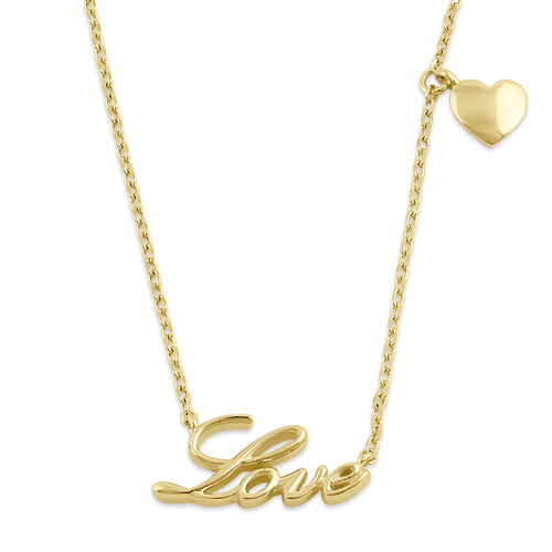 Solid 14K Yellow Gold "Love" and Dangling Heart Charm Necklace