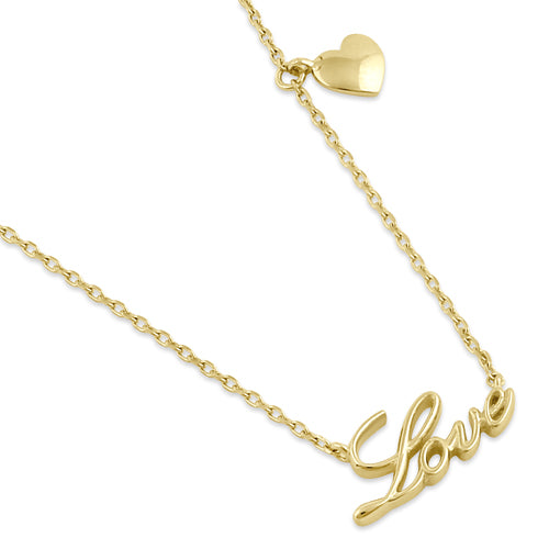 Solid 14K Yellow Gold "Love" and Dangling Heart Charm Necklace