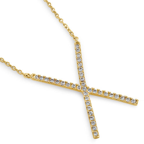 Solid 14K Yellow Gold CZ X Necklace