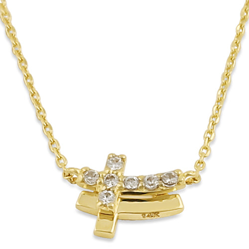Solid 14K Yellow Gold CZ Double Cross Necklace