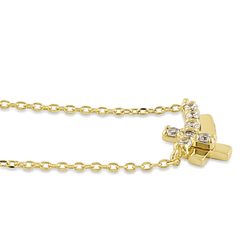 Solid 14K Yellow Gold CZ Double Cross Necklace