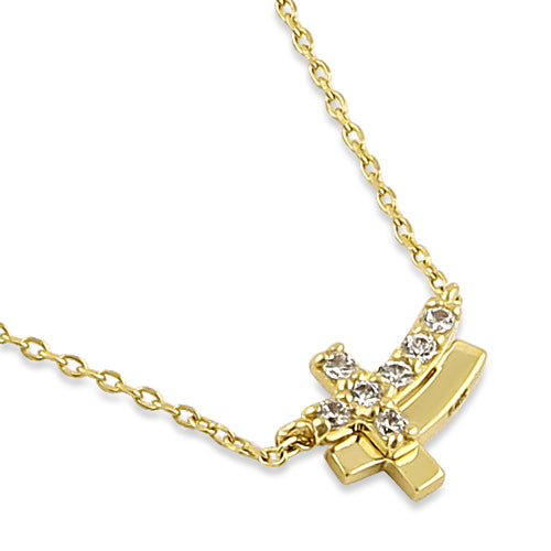 Solid 14K Yellow Gold CZ Double Cross Necklace