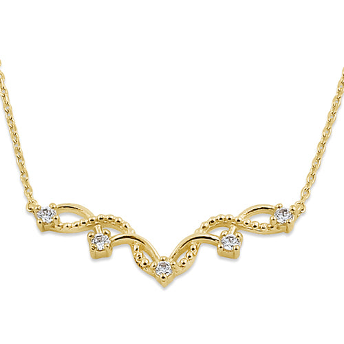 Solid 14K Yellow Gold Elegant CZ V Necklace