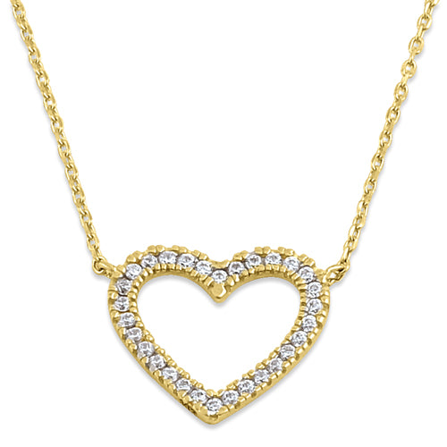 Solid 14K Yellow Gold Open Heart CZ Necklace