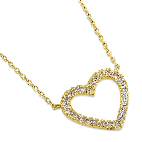 Solid 14K Yellow Gold Open Heart CZ Necklace