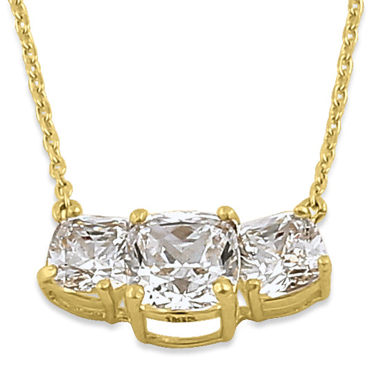 Solid 14K Yellow Gold Triple Cushion CZ Necklace