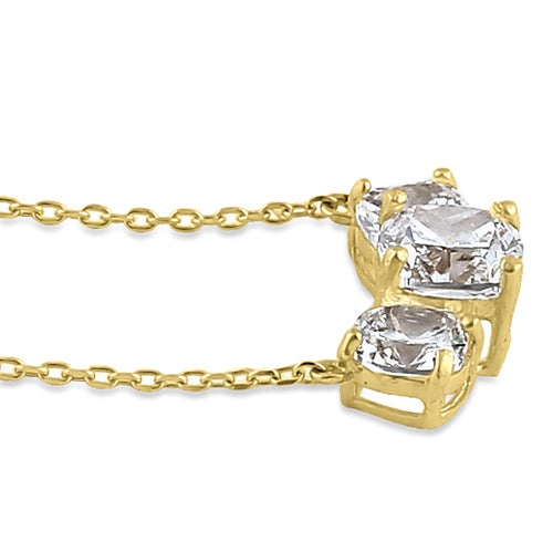 Solid 14K Yellow Gold Triple Cushion CZ Necklace