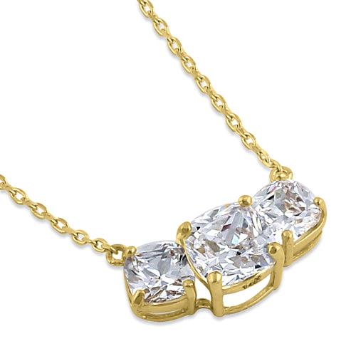 Solid 14K Yellow Gold Triple Cushion CZ Necklace