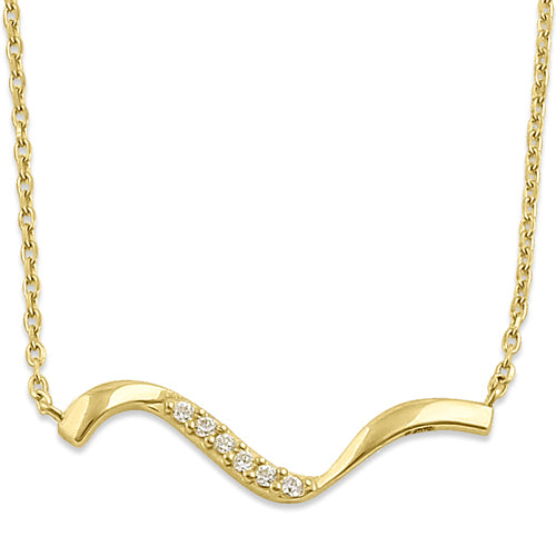 Solid 14K Yellow Gold Curved CZ Necklace