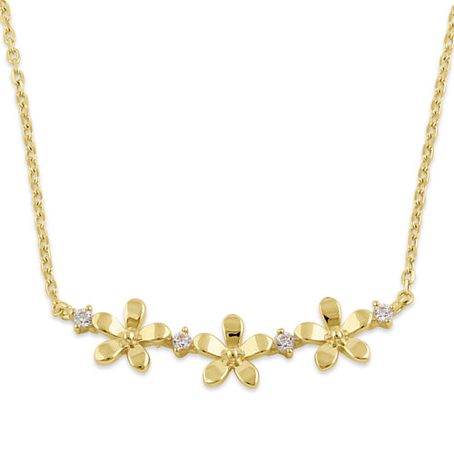 Solid 14K Gold Triple Plumeria with Clear CZ Necklace