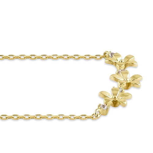 Solid 14K Gold Triple Plumeria with Clear CZ Necklace