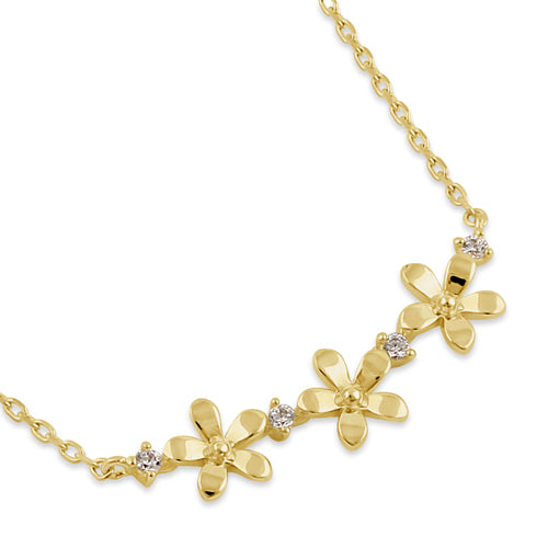 Solid 14K Gold Triple Plumeria with Clear CZ Necklace