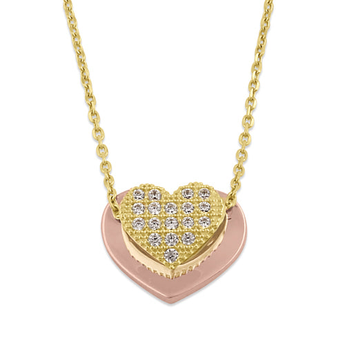 Solid 14K Gold Layered Heart with Clear CZ Necklace