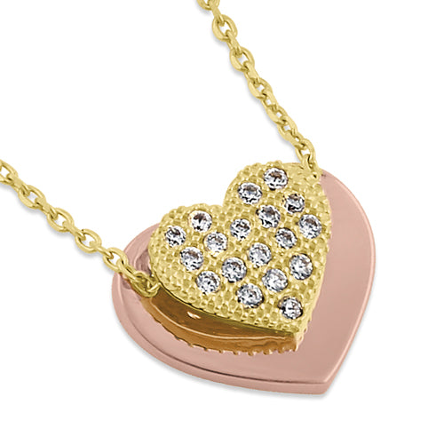 Solid 14K Gold Layered Heart with Clear CZ Necklace