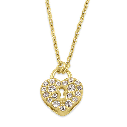 Solid 14K Gold Heart Lock with Clear CZ Necklace