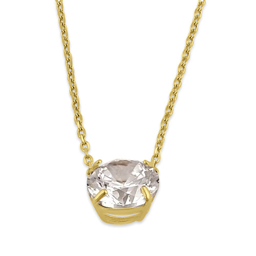 Solid 14K Gold 6.5mm Round Clear CZ Necklace