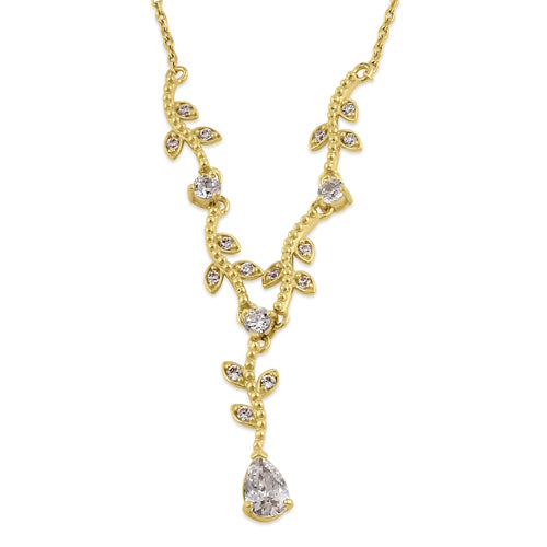 Solid 14K Gold Elegant Vine with Clear CZ Necklace