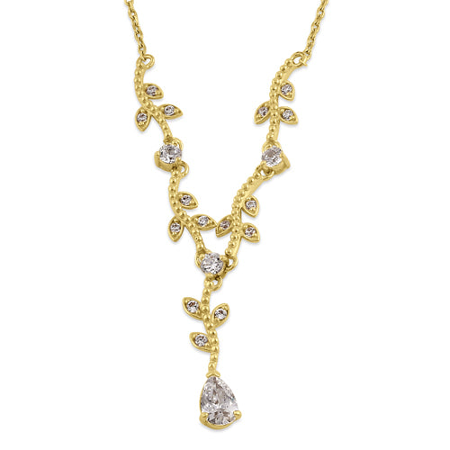 Solid 14K Gold Elegant Vine with Clear CZ Necklace