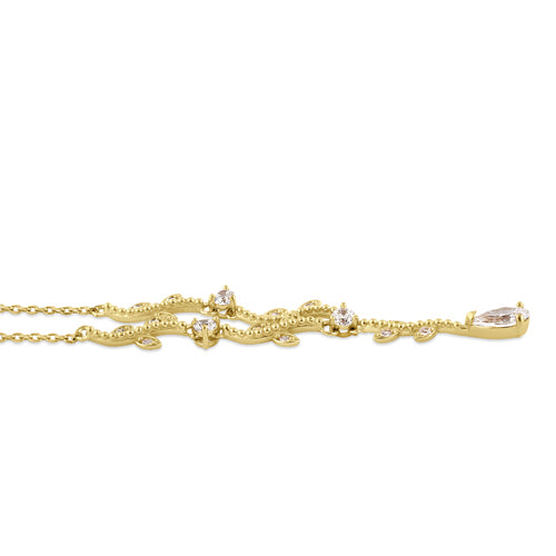 Solid 14K Gold Elegant Vine with Clear CZ Necklace