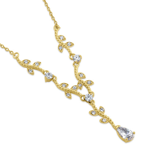 Solid 14K Gold Elegant Vine with Clear CZ Necklace