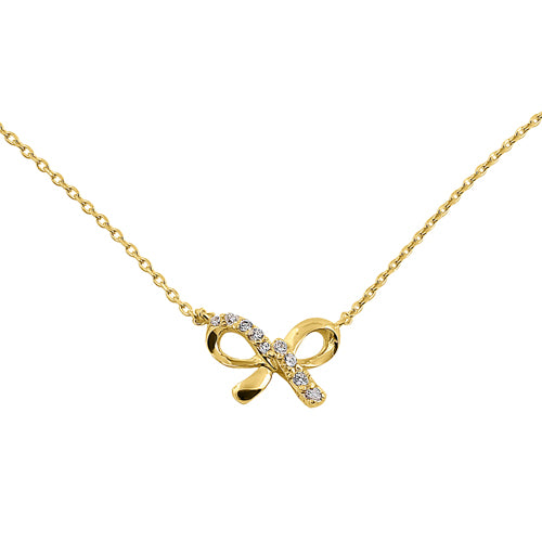 Solid 14K Yellow Gold Classic Bow CZ Necklace