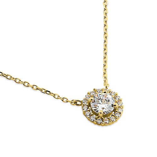 Solid 14K Yellow Gold Round Halo CZ Necklace
