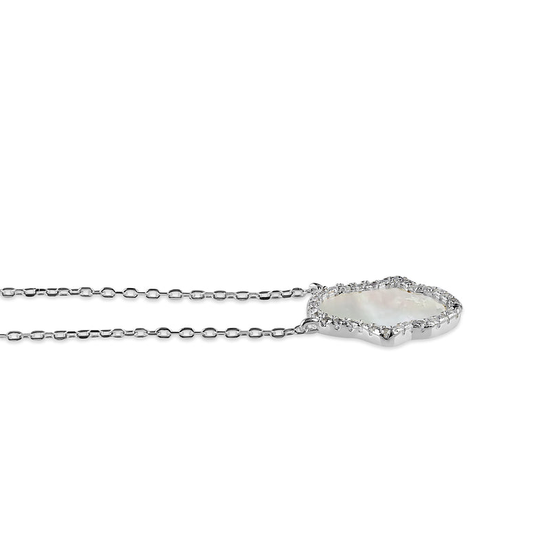 Sterling Silver Clear CZ and Mother of Pearl Hamsa Necklace