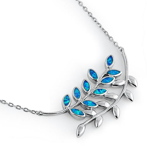 Serling Silver Blue Opal Trendy Leaf Necklace