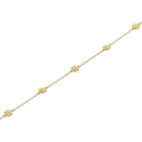 Solid 14K Yellow Gold Flower Charms Bracelet