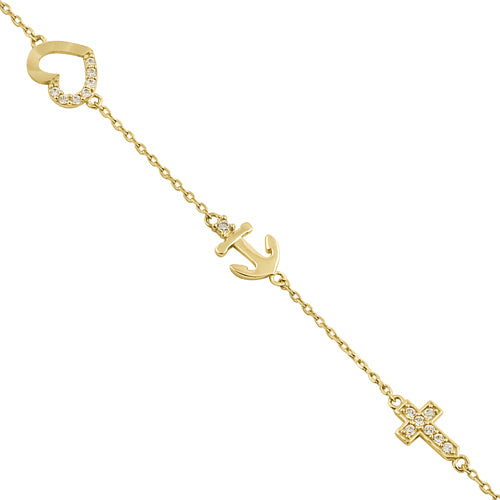 Solid 14K Yellow Gold CZ Heart, Anchor, and Cross Charm Bracelet