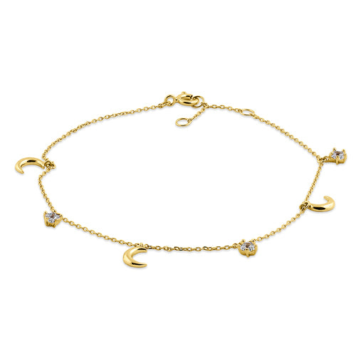 Solid 14K Yellow Gold Crescent Moons & Stars CZ Bracelet