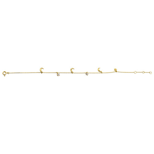 Solid 14K Yellow Gold Crescent Moons & Stars CZ Bracelet