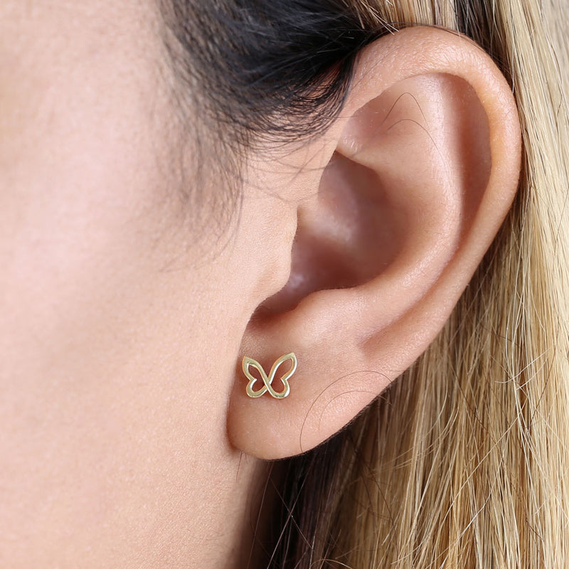 Solid 14K Yellow Gold Simple Butterfly Stud Earrings