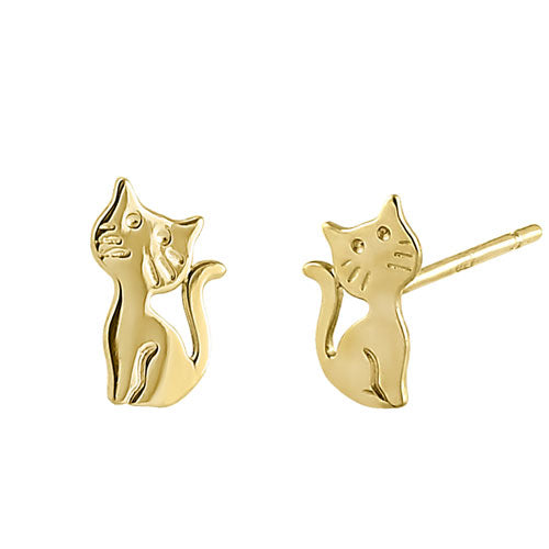 Solid 14K Yellow Gold Cat with Wiskers Earrings