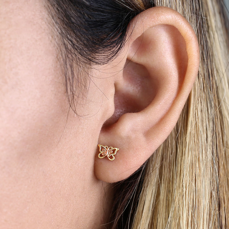 Solid 14K Yellow Gold & Rose Gold Double Butterfly Earrings