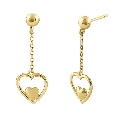 Solid 14K Yellow Gold Dangle Heart Earrings