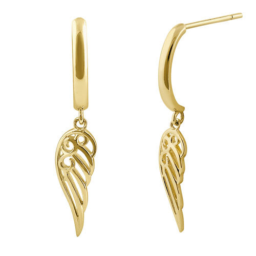 Solid 14K Yellow Gold Dangle Angel Wings Earrrings