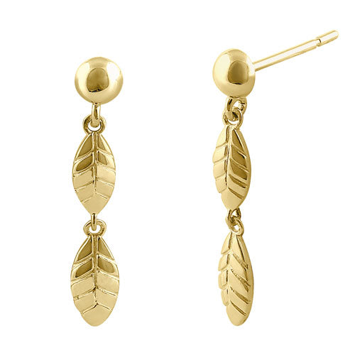Solid 14K Yellow Gold Dangle Feather Earrings