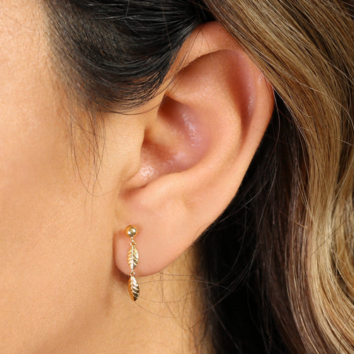 Solid 14K Yellow Gold Dangle Feather Earrings