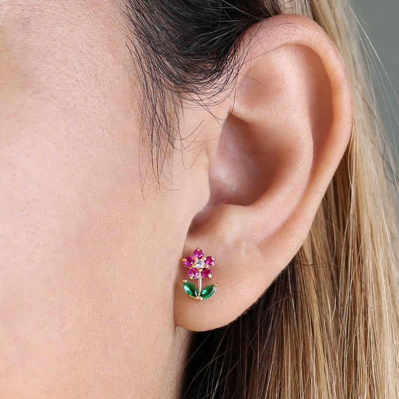 Solid 14K Yellow Gold Flower Ruby Emerald Clear CZ Earrings