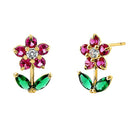 Solid 14K Yellow Gold Flower Ruby Emerald Clear CZ Earrings