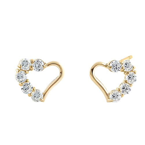 Solid 14K Yellow Gold Classic Heart Round Clear CZ Earrings