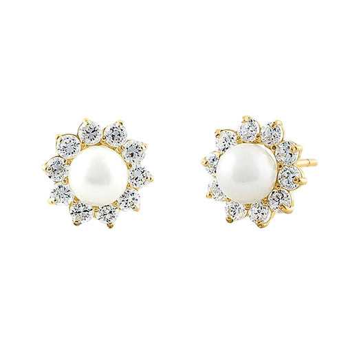 Solid 14K Yellow Gold Pearl Clear CZ Earrings