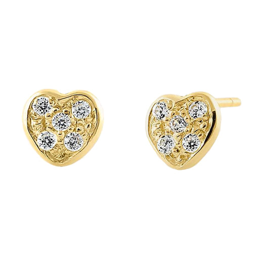 Solid 14K Yellow Gold Stylish Heart Round Clear CZ Earrings