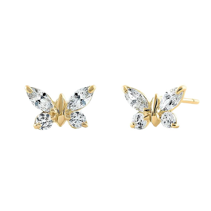Solid 14K Yellow Gold Butterfly Marquise Cut Clear CZ Earrings