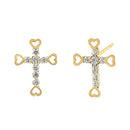 Solid 14K Yellow Gold Heart Cross Clear CZ Earrings
