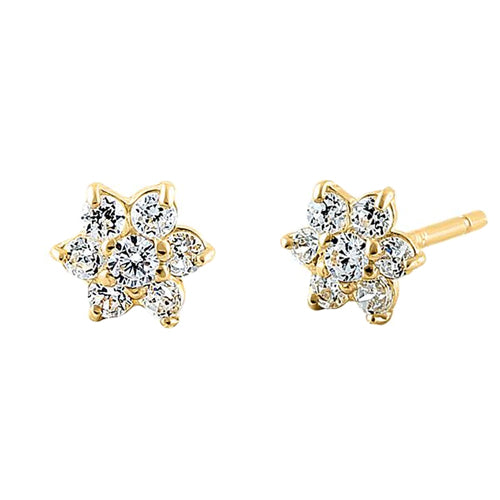 Solid 14K Yellow Gold Dainty Flower Clear CZ Earrings