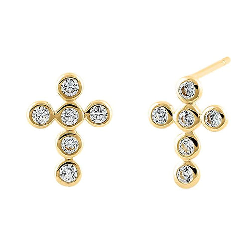 Solid 14K Yellow Gold Rounded Cross Clear CZ Earrings