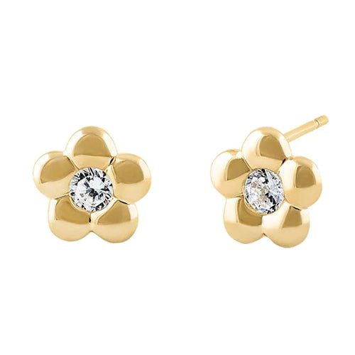 .22 ct Solid 14K Yellow Gold Simple Flower Clear CZ Earrings