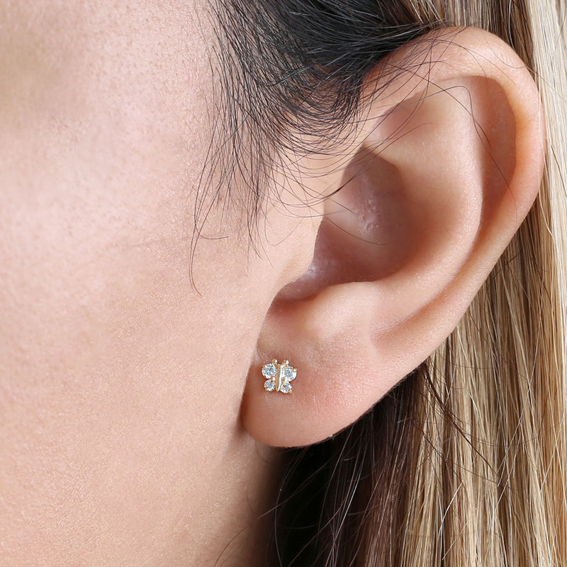 Solid 14K Yellow Gold Dainty Butterfly Clear CZ Earrings